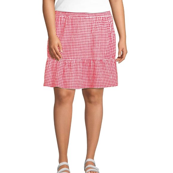 NWT  Lands End Women's Hi Rise Pull On Tiered Skirt Red Check Size S $75 LE11 - Picture 4 of 5